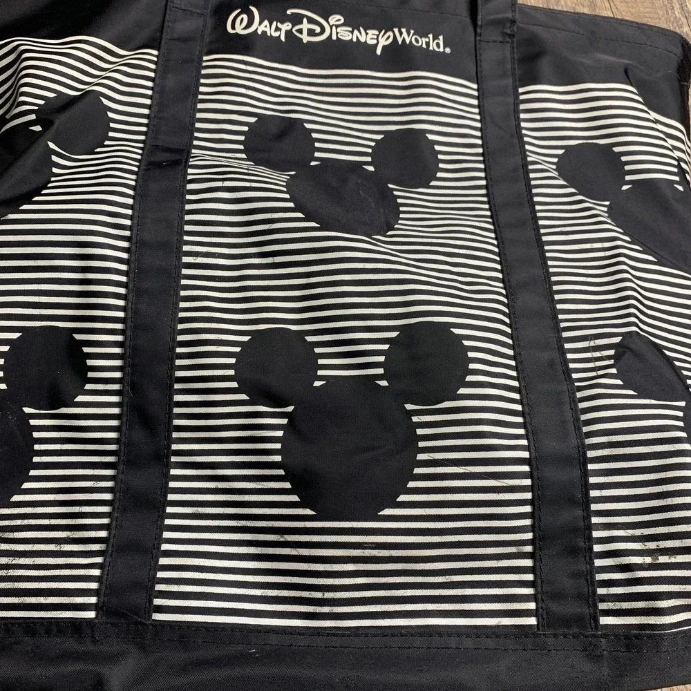 Walt Disney World Womens Tote Bag Black Striped Vinyl Travel Mickey Mouse